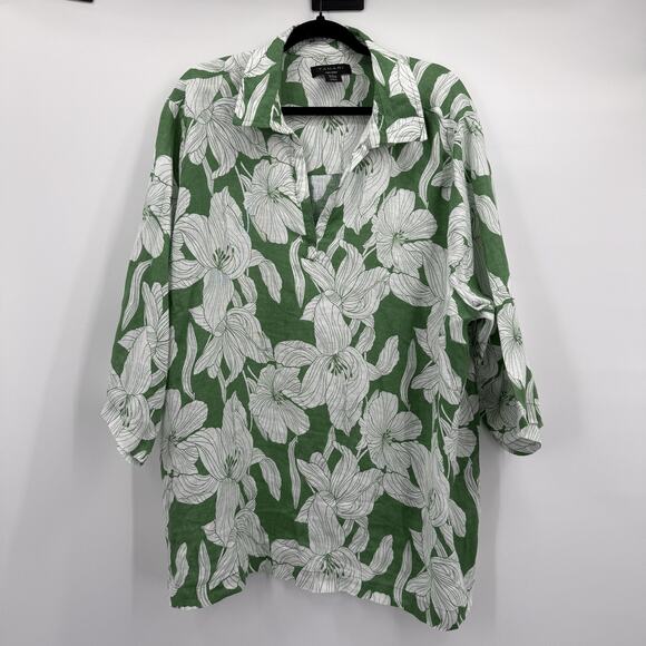 Tahari Shirt Womens 3X Plus Green White Floral 100% Linen Collared Tunic V Neck - Picture 1 of 9